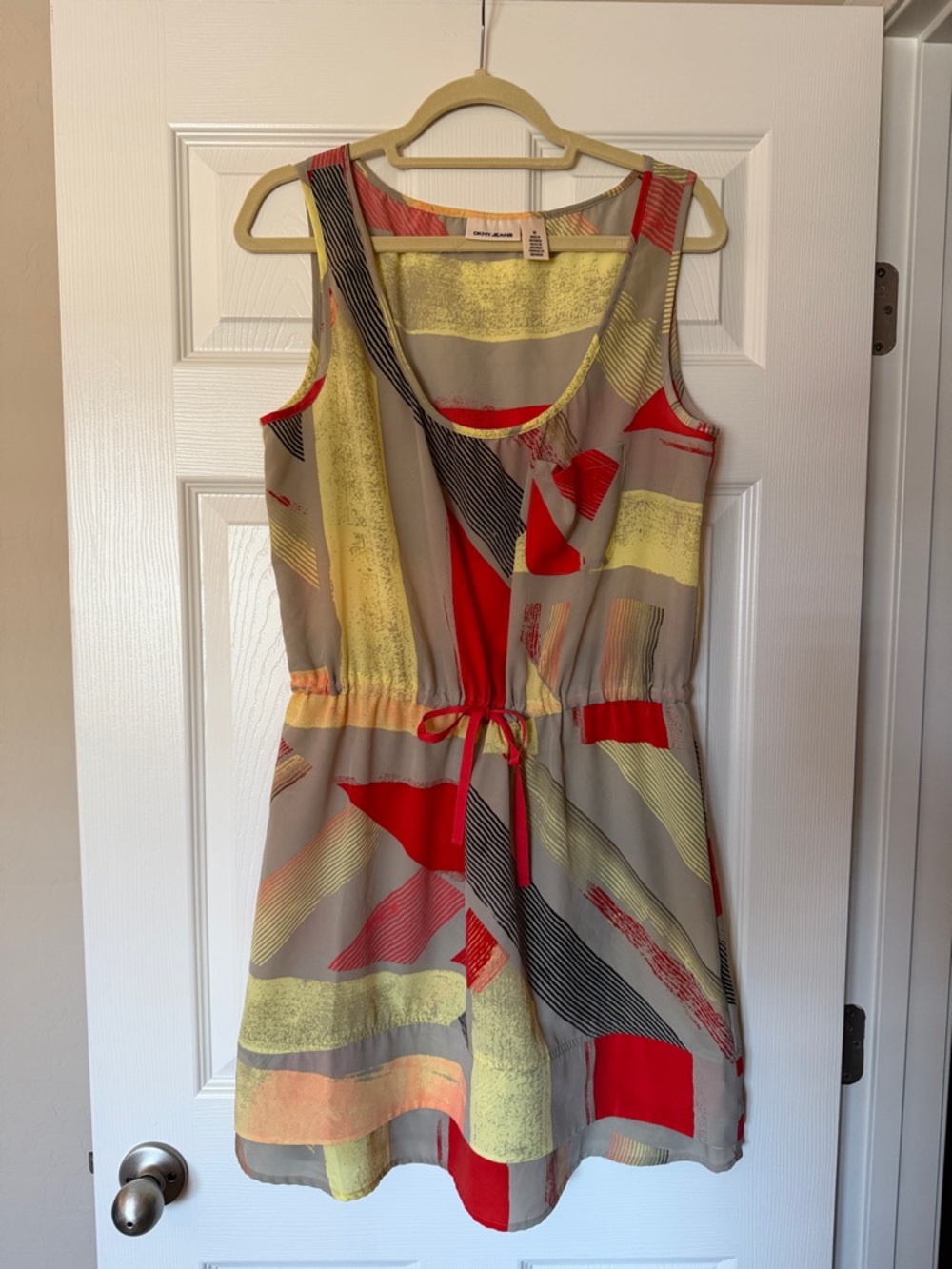 Dkny Sleeveless Abstract Drawstring Mini Dress - Yellow, Red & Gray